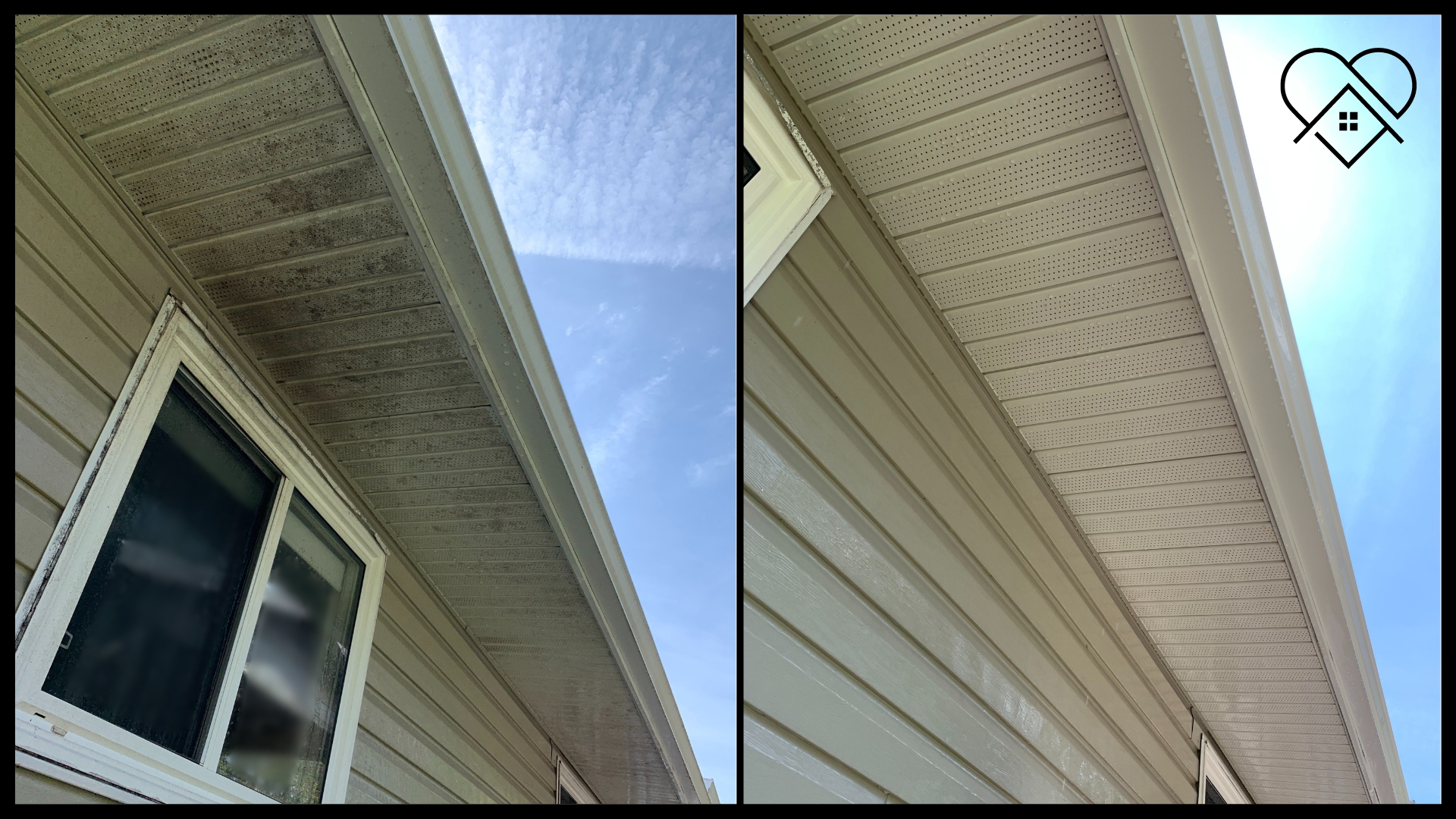 "Soft washing service in Nova Scotia: Before and after cleaning of soffit and gutter line."
